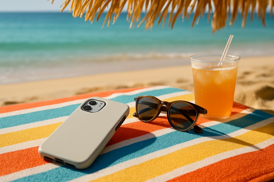 Smartphone με καλοκαιρινή προστατευτική θήκη σε παραλία, συμβουλές Frogs.gr για το καλοκαίρι