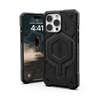 Εμπρόσθια όψη της UAG Monarch θήκης για iPhone 16 Pro σε μαύρο.