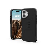 Μπροστινή όψη της θήκης UAG Civilian Magsafe Black για iPhone 16, με έμφαση στην κομψότητα και την προστασία.