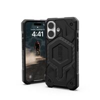 Μπροστινή όψη της θήκης UAG Monarch Black για iPhone 16, δείχνοντας την ανθεκτική κατασκευή.