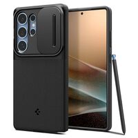 Θήκη Spigen Optik Armor - Black τοποθετημένη στο Samsung Galaxy S25 Ultra 5G, με κομψό μαύρο σχεδιασμό.