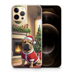 Αστεία χριστουγεννιάτικη θήκη κινητού με το σχέδιο του σκύλου και χριστουγεννιάτικη ατμόσφαιρα.