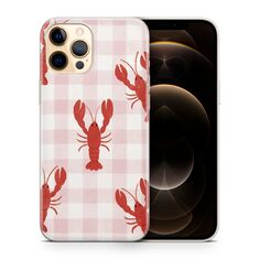 Καλοκαιρινή θήκη κινητού με σχέδιο κόκκινων αστακών σε ροζ καρό φόντο