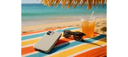 Smartphone με καλοκαιρινή προστατευτική θήκη σε παραλία, συμβουλές Frogs.gr για το καλοκαίρι