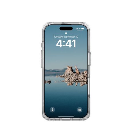 iPhone 16 Pro Max τοποθετημένο στη θήκη UAG Plyo MagSafe Ice/White, με έμφαση στη λειτουργικότητα MagSafe.
Συσκευασία της θήκης UAG Plyo MagSafe