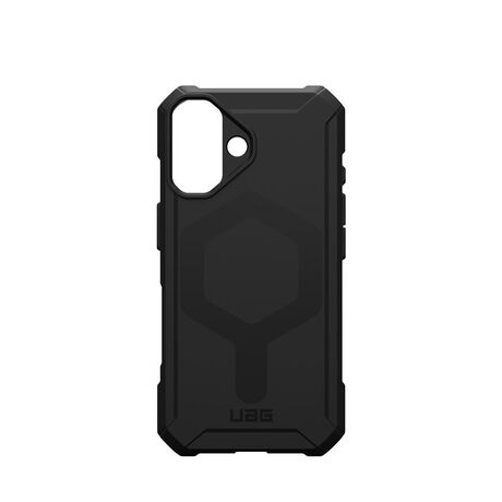 iPhone 16 τοποθετημένο στη θήκη UAG Essential Armor Magsafe Black, αναδεικνύοντας την τέλεια εφαρμογή και το στυλ.