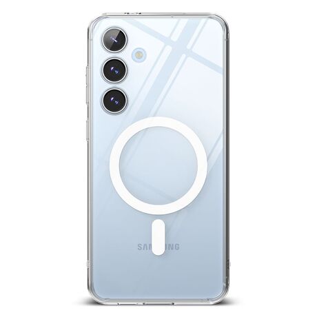 Κοντινή λήψη της θήκης Ringke Magnetic Clear για Samsung Galaxy S24 FE 5G Fusion, προβολή διαφανούς υλικού που αναδεικνύει το χρώμα του κινητού.