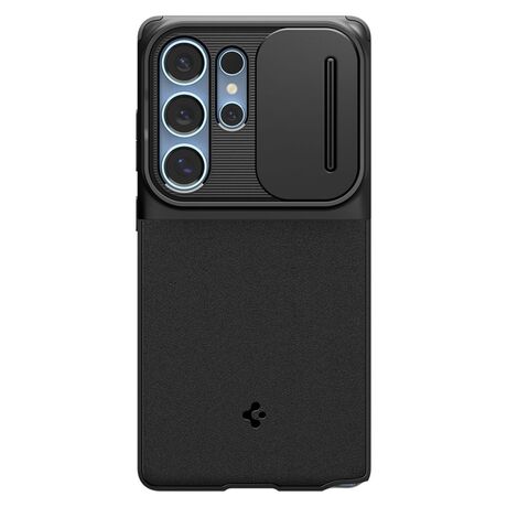 Μαύρη θήκη Spigen Galaxy S25 Ultra 5G με ενσωματωμένο συρόμενο κάλυμμα κάμερας.