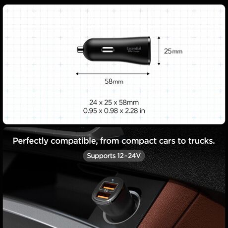 Διαστάσεις και λεπτομέρειες του Spigen Essential EV302, παρουσιάζοντας τον συμπαγή σχεδιασμό του.